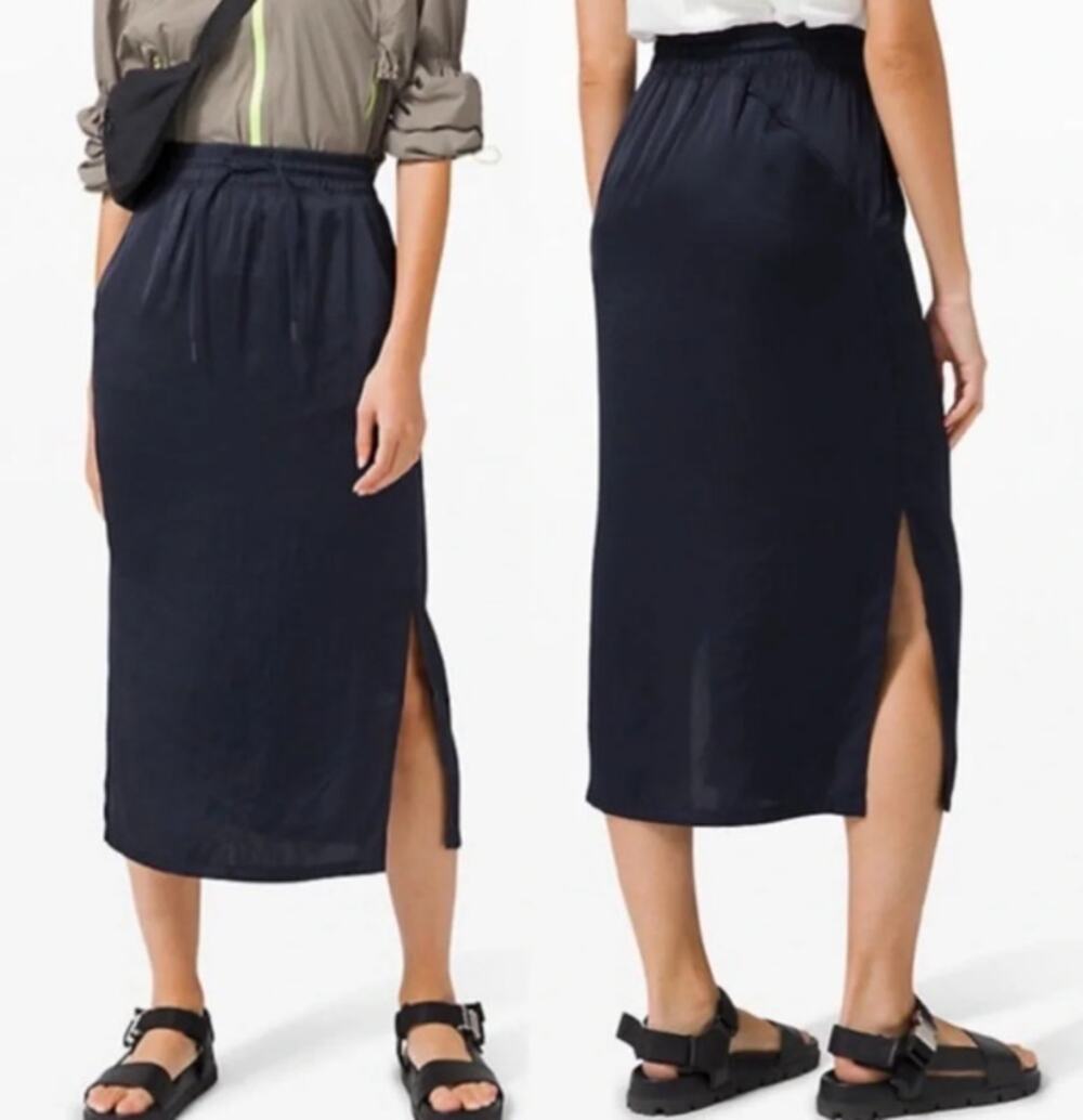 Lululemon Skirt Women 2 Glide Away Slip Midi Navy Blue Athletic Yoga Summer Chic